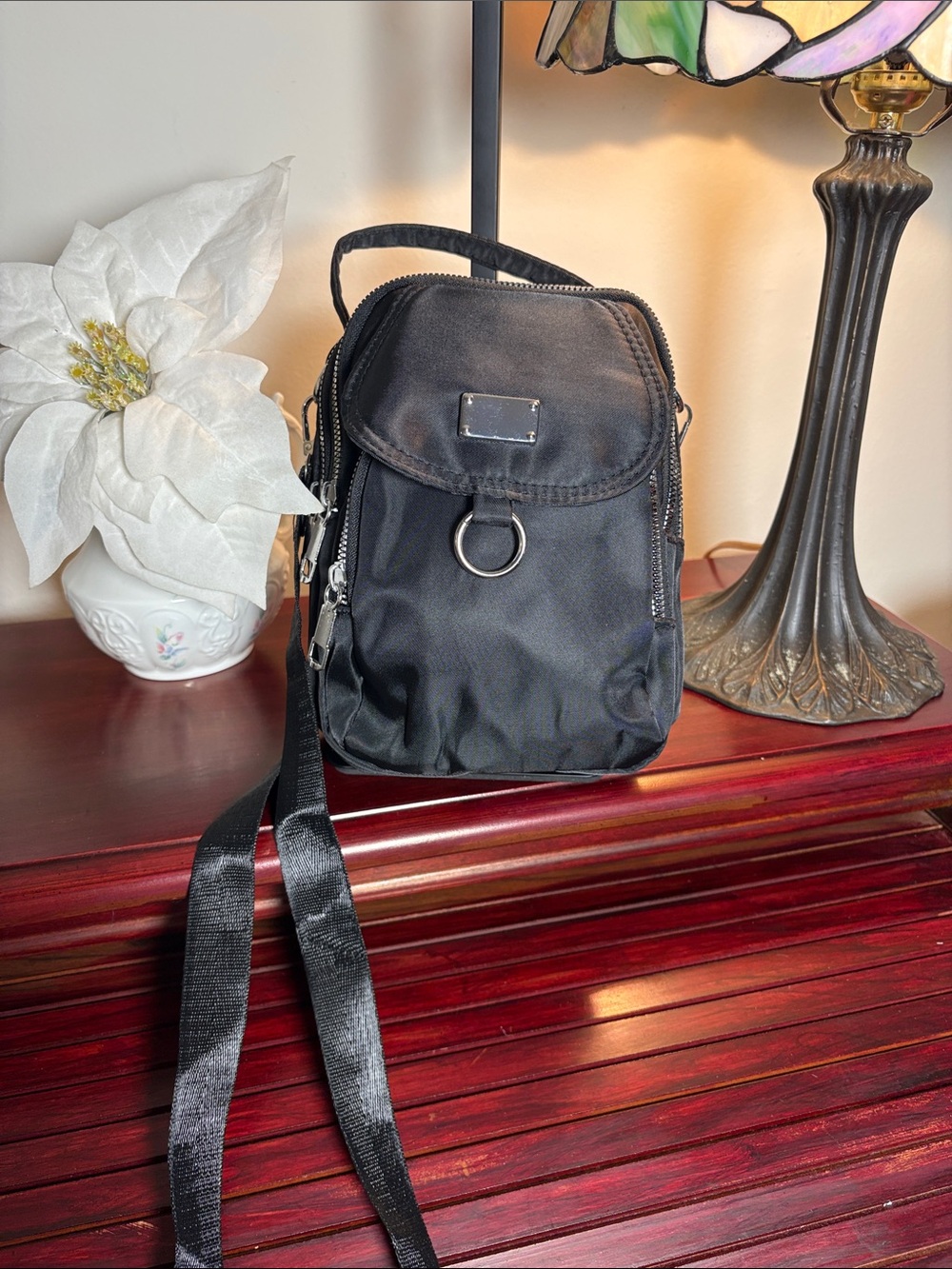 Black Crossbody Mini Nylon Backpack